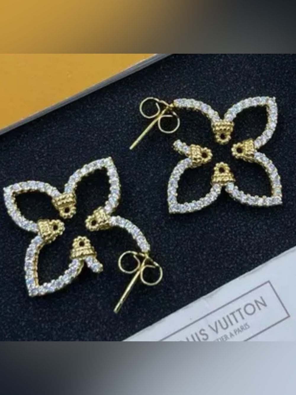 Gold Crystal Clover LV Style Post Earrings